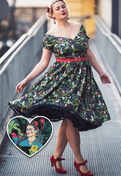 Lily Retro Off Shoulder Frida Kahlo Black Tropical Leaves Swing Dress – Shop now at Kitty Darling