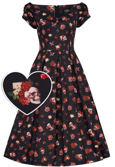 Lily Rockabilly Off Shoulder Skull & Rose Swing Dress – Shop now at Kitty Darling