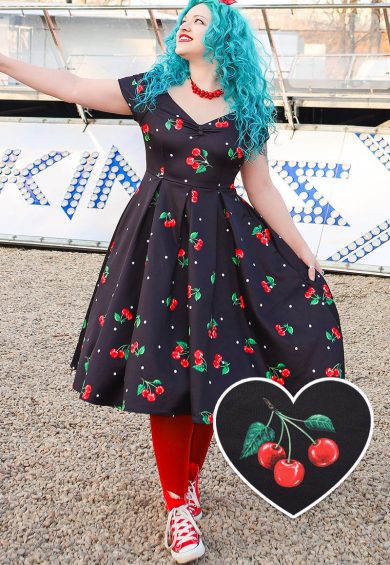 Lily Black Off Shoulder Large Cherry Print Dress – Shop now at Kitty Darling