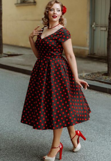 Lily Red Polka Off Shoulder Dress in Black – Shop now at Kitty Darling