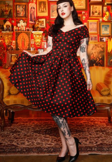 Lily Red Polka Off Shoulder Dress in Black – Dresses | Kitty Darling