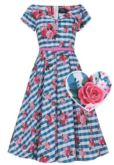 Lily Blue Off Shoulder 50's Rose Print Checkered Dress – Shop now at Kitty Darling