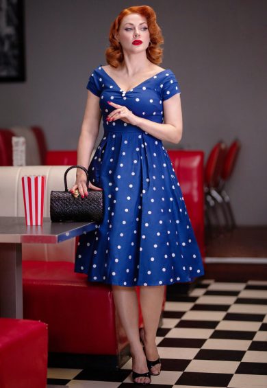 Lily Navy Blue Polka Dot Off Shoulder Circle Dress – Shop now at Kitty Darling