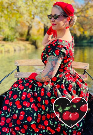 Lily Off Shoulder Cherry Swing Dress – Shop now at Kitty Darling