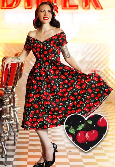 Lily Off Shoulder Cherry Swing Dress – Dresses | Kitty Darling