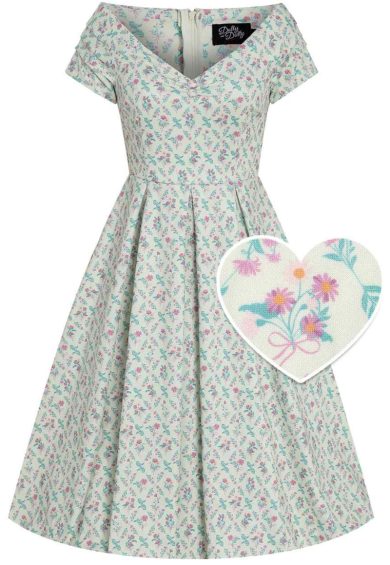 Lily Cream Off Shoulder 50s Inspired Floral Grid Print Dress – Shop now at Kitty Darling