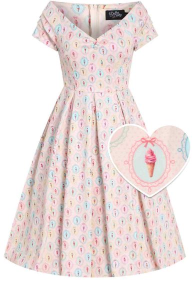 Lily Cream Off Shoulder 50s Inspired Colorful Gelato Print Dress – Shop now at Kitty Darling