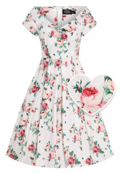 Lily Cream Off The Shoulder Rose Print Flared Dress – Shop now at Kitty Darling