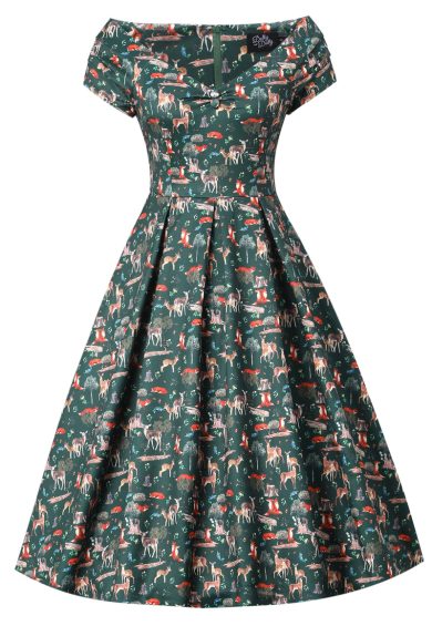 Lily Dark Green Off Shoulder Woodland Print Dress – Shop now at Kitty Darling