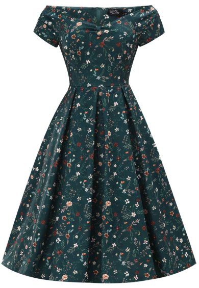 Lily Emerald Green Off Shoulder 50s Inspired Floral Vine Print Dress – Shop now at Kitty Darling