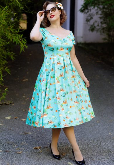 Lily Rockabilly Off Shoulder Island Pin up Print Swing Dress – Dresses | Kitty Darling