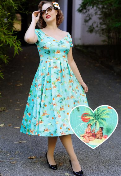 Lily Rockabilly Off Shoulder Island Pin up Print Swing Dress – Shop now at Kitty Darling