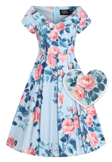 Lily Light Blue Off The Shoulder Coral Rose Print Dress – Shop now at Kitty Darling