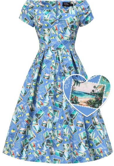 Lily Light Blue Off Shoulder 50s Inspired Stamp Print Dress – Shop now at Kitty Darling