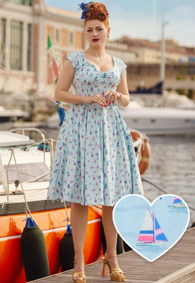 Lily Nautical Sailboat Blue Off Shoulder Dress – Shop now at Kitty Darling