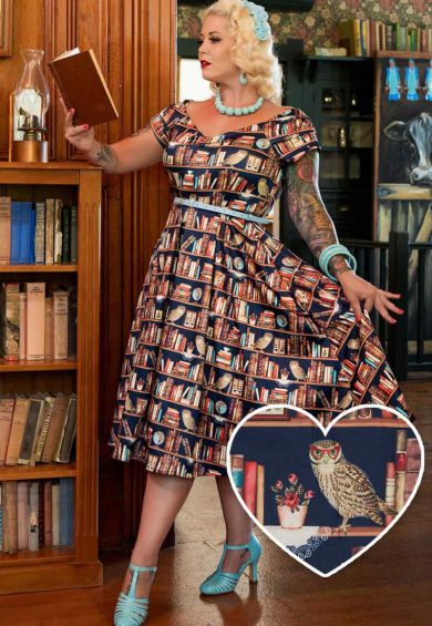Lily Retro Off Shoulder Library Book & Owl Swing Dress – Shop now at Kitty Darling