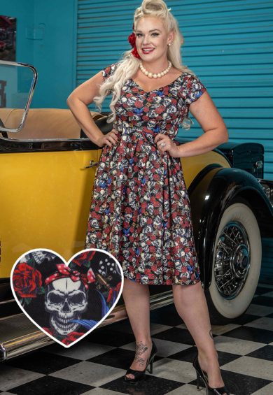 Lily Retro Off Shoulder Black Skulls & Roses Print Swing Dress – Shop now at Kitty Darling