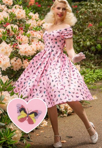 Lily Retro Off Shoulder Dress Pink & Colourful Butterflies – Shop now at Kitty Darling