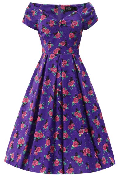 Lily Purple Vintage Cat & Rose Off Shoulder Dress – Shop now at Kitty Darling