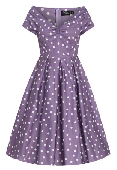Lily Purple Off The Shoulder White Polka Dot Swing Dress – Shop now at Kitty Darling