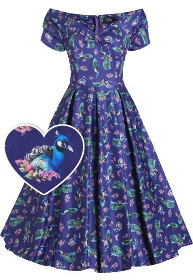Lily Off Shoulder Purple Peacock Swing Dress – Shop now at Kitty Darling
