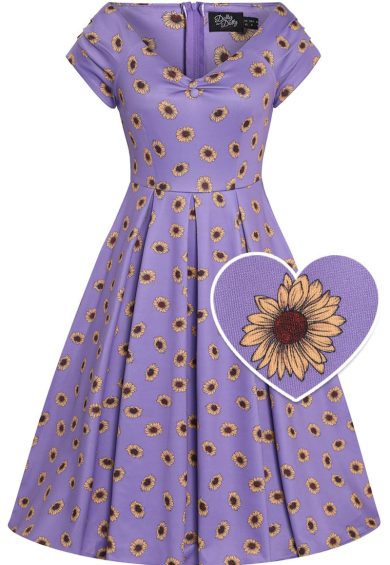 Lily Purple Off Shoulder Dress With Yellow Sunflower Print – Shop now at Kitty Darling