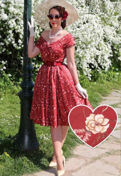 Lily Red Off Shoulder Dainty Floral Print Dress – Shop now at Kitty Darling