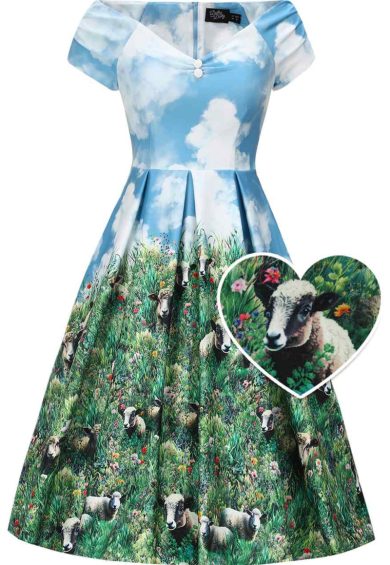 Lily Sky Blue Off Shoulder 50s Inspired White Cloud & Sheep Print Dress – Shop now at Kitty Darling