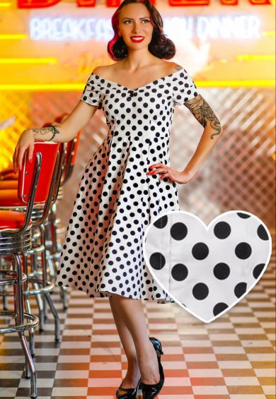 Lily Off The Shoulder Polka Dot Evening Dress White & Black – Shop now at Kitty Darling