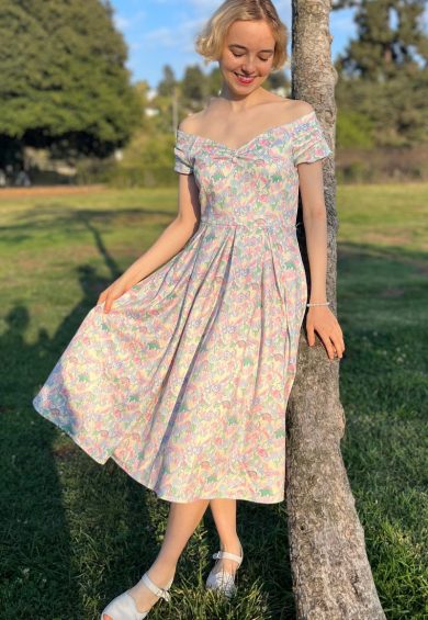 Lily Pastel Dinosaur Off Shoulder Dress – Shop now at Kitty Darling