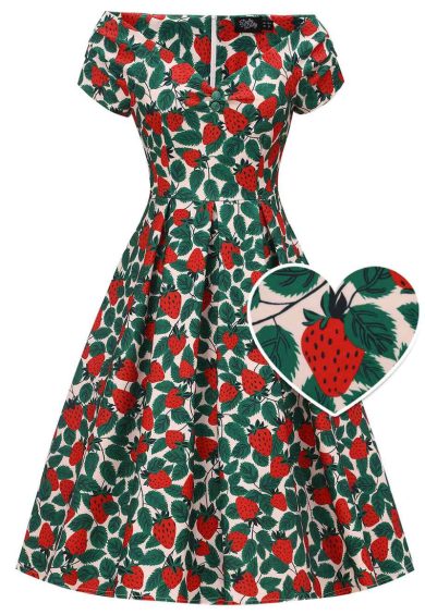 Lily White Light Beige Off Shoulder 50s Inspired Strawberry Farm Print Dress – Shop now at Kitty Darling