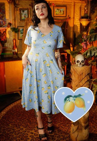 Janice Light Blue Dress with Lemons  and White Polka Dots – Shop now at Kitty Darling