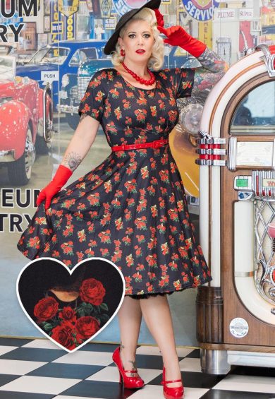 Brenda Black in Rose & Bird Print Short-Sleeved Adorned Dress – Shop now at Kitty Darling