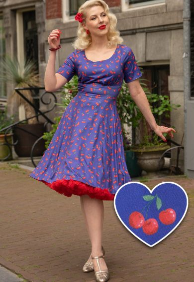 Brenda Blue Cherry Flared Dress – Shop now at Kitty Darling