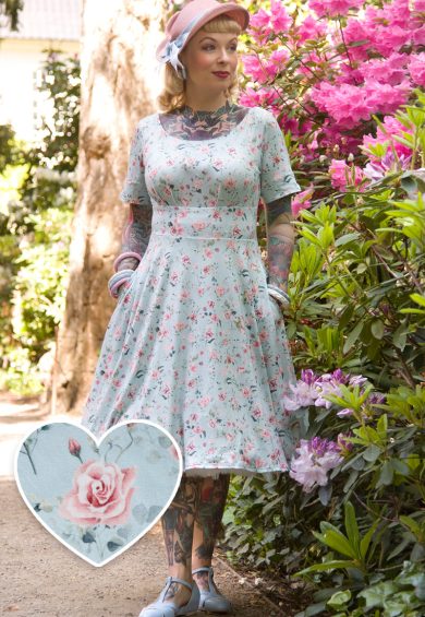 Brenda Pink Rose Flared Dress In Baby Blue – Shop now at Kitty Darling