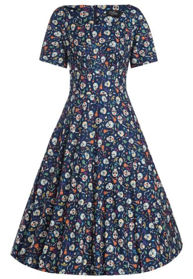 Brenda Navy Blue Mexican Skull Short-Sleeved Adorned Dress – Shorts | Kitty Darling