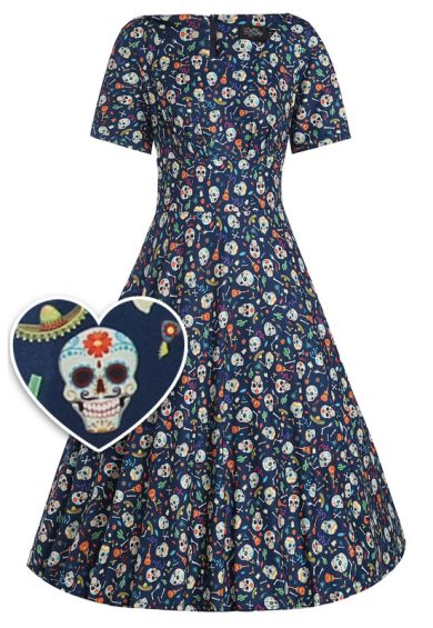 Brenda Navy Blue Mexican Skull Short-Sleeved Adorned Dress – Shop now at Kitty Darling