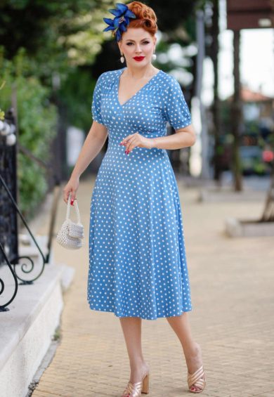 Julia Light Blue 50s Style White Polka Dot Print Swing Dress – Shop now at Kitty Darling