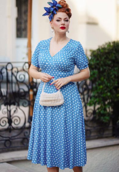 Julia Light Blue 50s Style White Polka Dot Print Swing Dress – Dresses | Kitty Darling