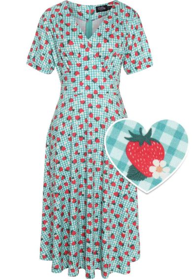 Julia Light Green 50s Style Strawberry/Checkered Print Swing Dress – Shop now at Kitty Darling