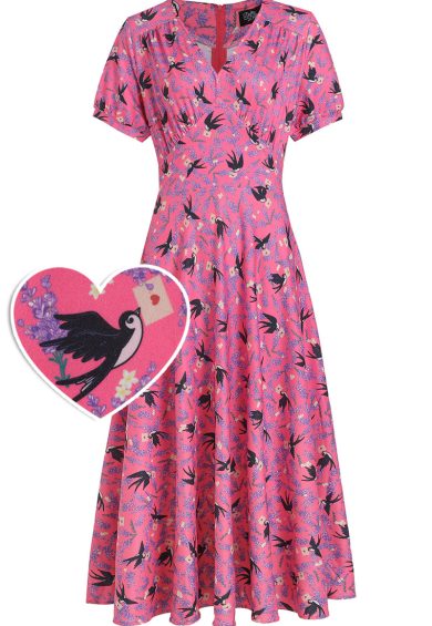 Julia Retro Pink Swallow Tea Dress – Shop now at Kitty Darling
