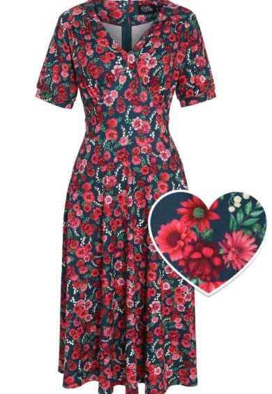 Julia Petrol Blue 50s Style Floral Print Swing Dress – Shop now at Kitty Darling