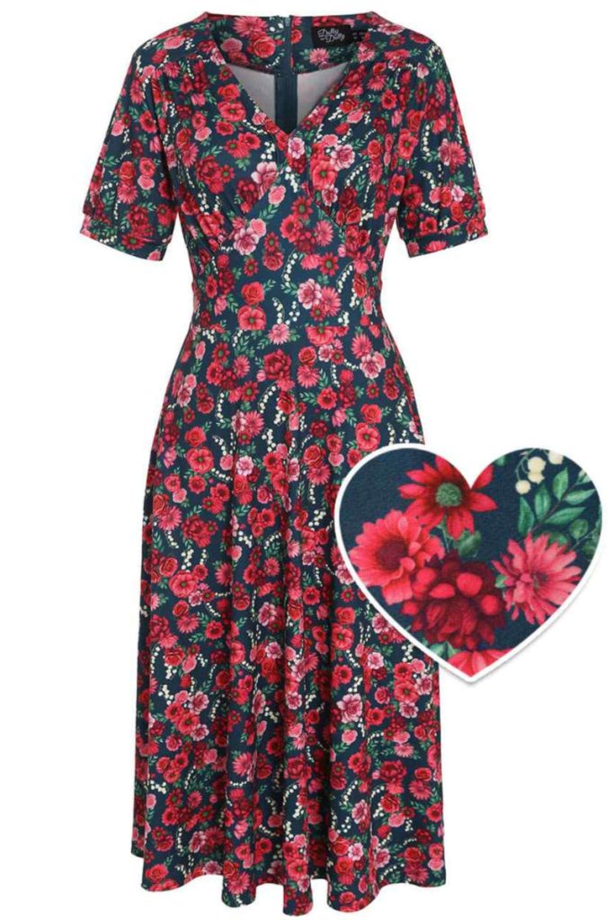 Julia Petrol Blue 50s Style Floral Print Swing Dress