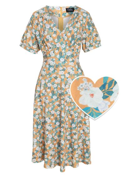 Julia Yellow 50s Style White Floral Print Swing Dress – Shop now at Kitty Darling