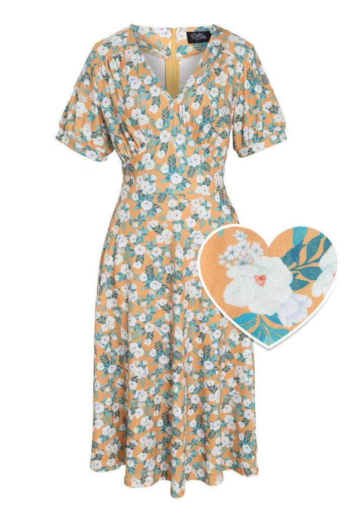 Julia Yellow 50s Style White Floral Print Swing Dress