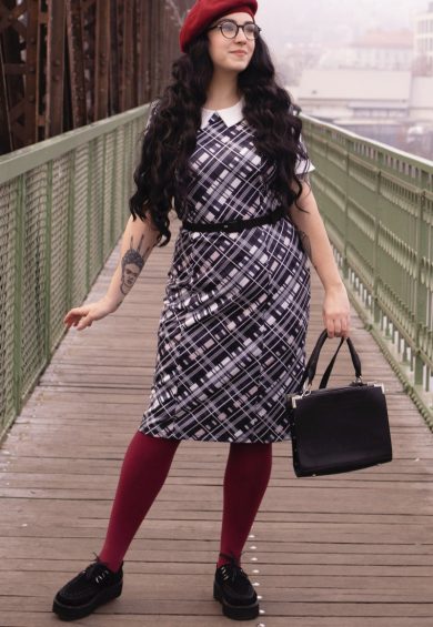 Toni Fitted Collared Vintage Dress in Black & White Tartan – Shop now at Kitty Darling