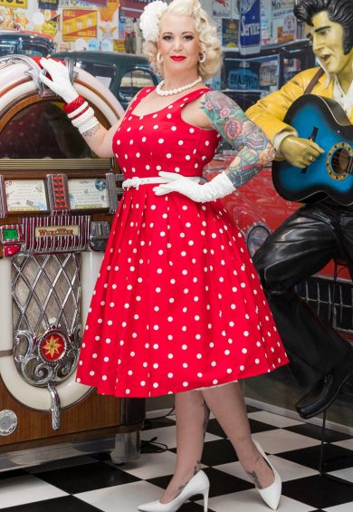 Amanda Scoop Neck Swing Dress Red & White Polka Premium Cotton – Shop now at Kitty Darling