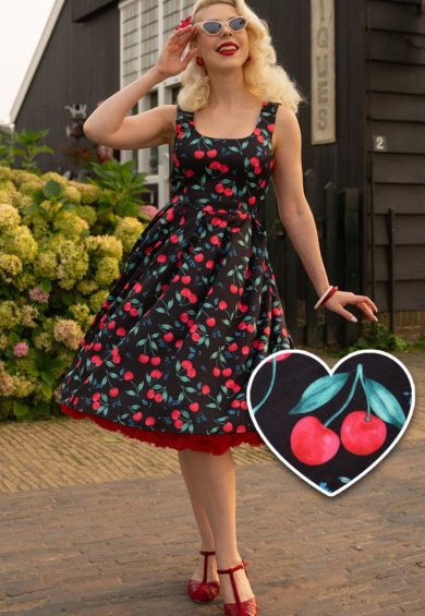 Amanda Red Cherry Pleated Circle Dress In Black – Shop now at Kitty Darling