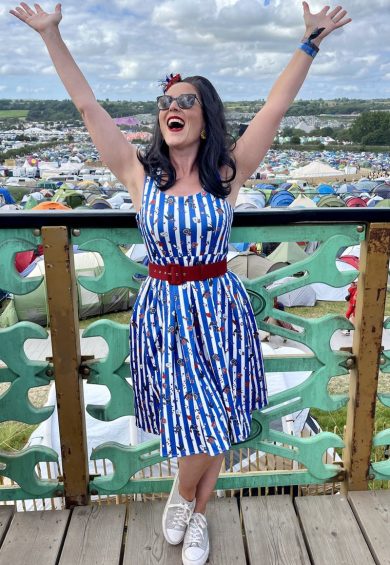 Amanda Swing Dress in Blue Striped Rockabilly Swallow Print – Dresses | Kitty Darling