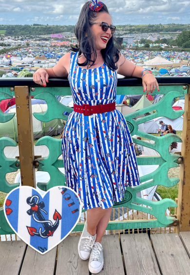 Amanda Swing Dress in Blue Striped Rockabilly Swallow Print – Shop now at Kitty Darling